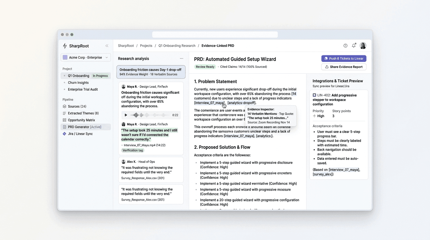 SharpRoot — Customer Research to Cited PRDs — screenshot of the live product